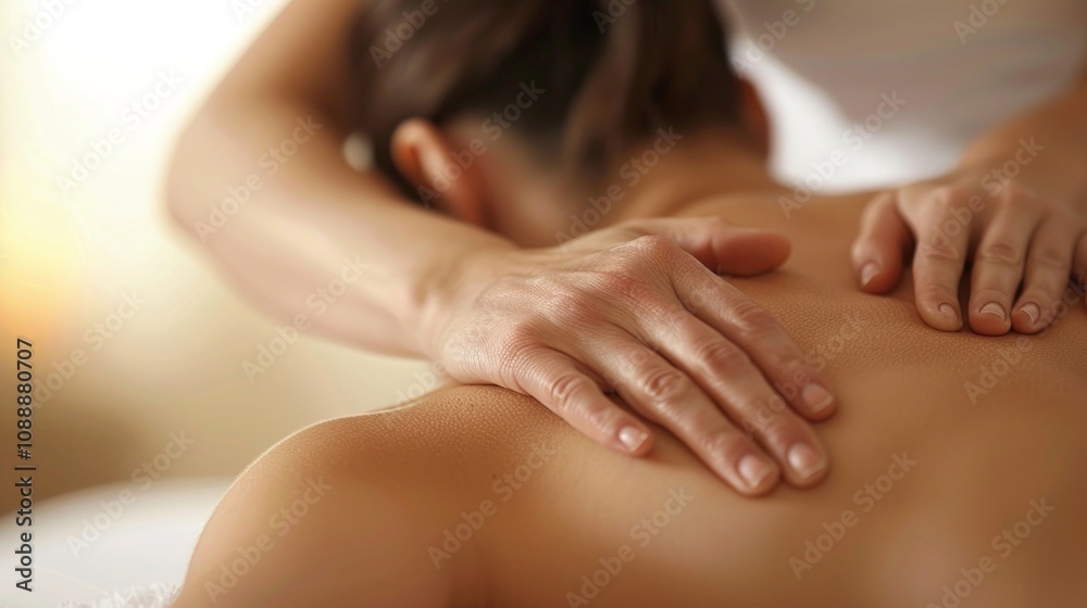 Close-up image of a woman getting a back massage in a serene setting. Massage therapist's hands on her shoulders, hair in a bun, sunny ambiance, Close-up image of a woman getting a back massage in a serene setting. Massage therapist's hands on her shoulders, hair in a bun, sunny ambiance,