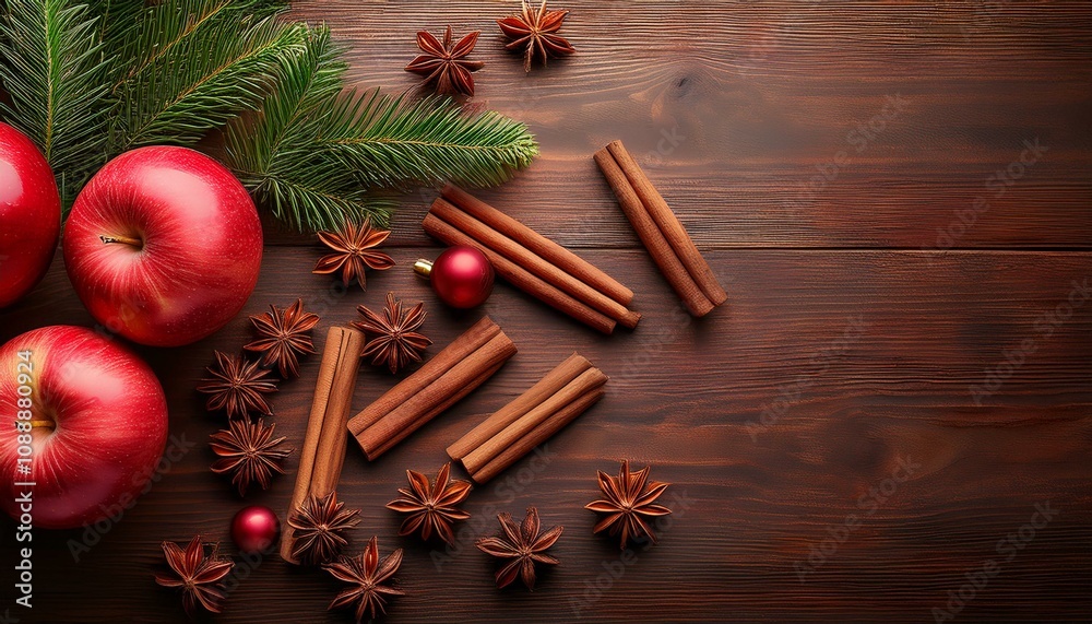Top view of red apples, cinnamon and star anise spice, and red Christmas ornaments, pine branches on wooden table Top view of red apples, cinnamon and star anise spice, and red Christmas ornaments, pine branches on wooden table