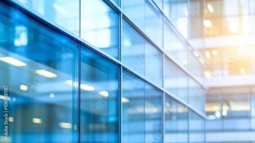 A close-up view of a modern glass building showcasing reflections and architectural design.