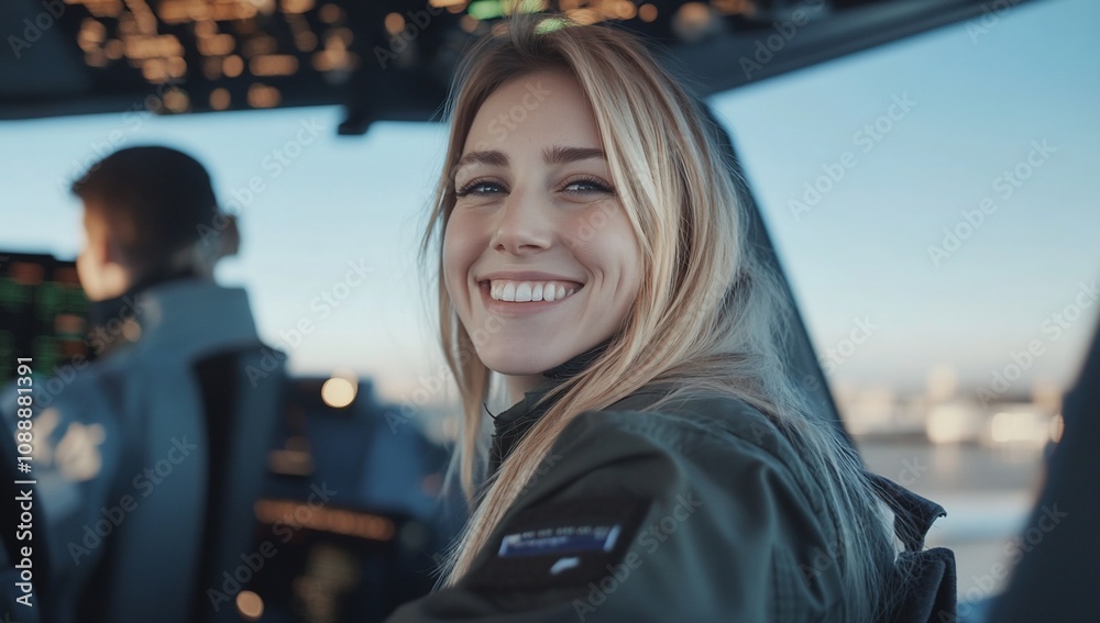 A smiling woman in a pilot's uniform inside an aircraft cockpit. A smiling woman in a pilot's uniform inside an aircraft cockpit.