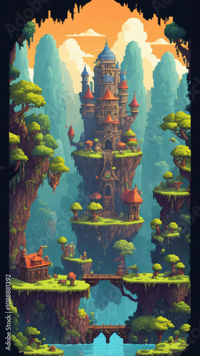 Pixel game level design. Platform game asset, fantasy 8 bit environtmen