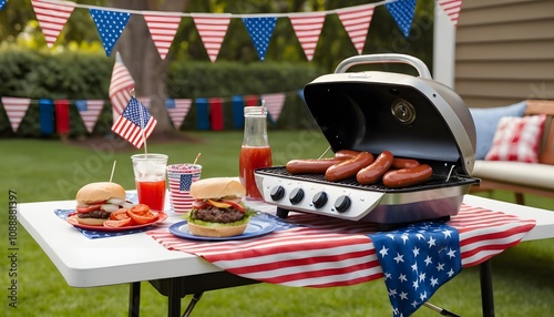 Patriotic Backyard BBQ with Burgers and Sausages on the Grill