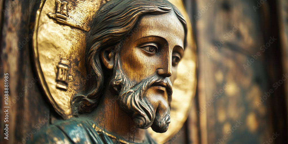 Ręcznie wyrzeźbiona drewniana ikona przedstawiająca Jezusa, z bogatą fakturą i subtelnymi detalami, oddaje głębię religijnej symboliki. Ręcznie wyrzeźbiona drewniana ikona przedstawiająca Jezusa, z bogatą fakturą i subtelnymi detalami, oddaje głębię religijnej symboliki.