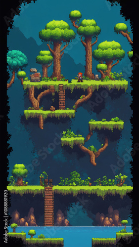 Pixel game level design. Platform game asset, fantasy 8 bit environtmen