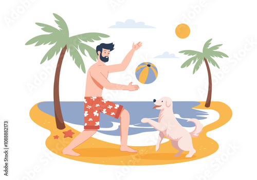 A man is having fun on the beach tossing a ball to a dog with palm trees and a sunny sky in the background. Vector illustration
