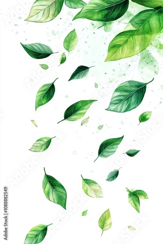 Green flying leaves on long white banner. Leaf falling. Wave foliage ornament. Vegan, eco, organic design element.