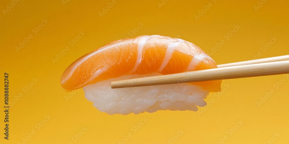 A piece of sushi with salmon on top, held by chopsticks against a yellow background. A piece of sushi with salmon on top, held by chopsticks against a yellow background.