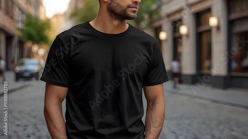 Muscular man wearing black half sleeve round neck T-Shirt mockup branding on street road, casual t shirt clothing fashion apparel logo mockups isolated