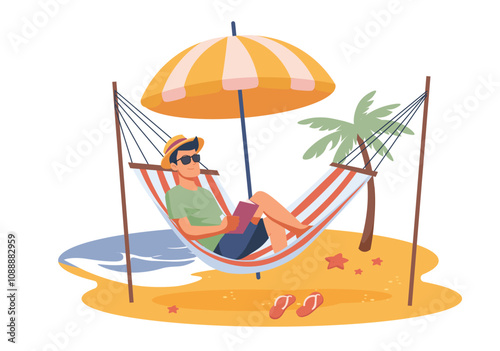 A man in sunglasses enjoys reading a book while lounging in a hammock under an umbrella near the beach. Vector illustration