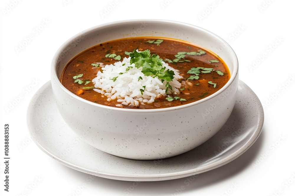 Healthy vegetable soup with rice in a white bowl with saucer. Side view isolated on a white background. Healthy vegetable soup with rice in a white bowl with saucer. Side view isolated on a white background.