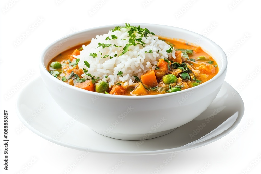 Healthy vegetable soup with rice in a white bowl with saucer. Side view isolated on a white background. Healthy vegetable soup with rice in a white bowl with saucer. Side view isolated on a white background.