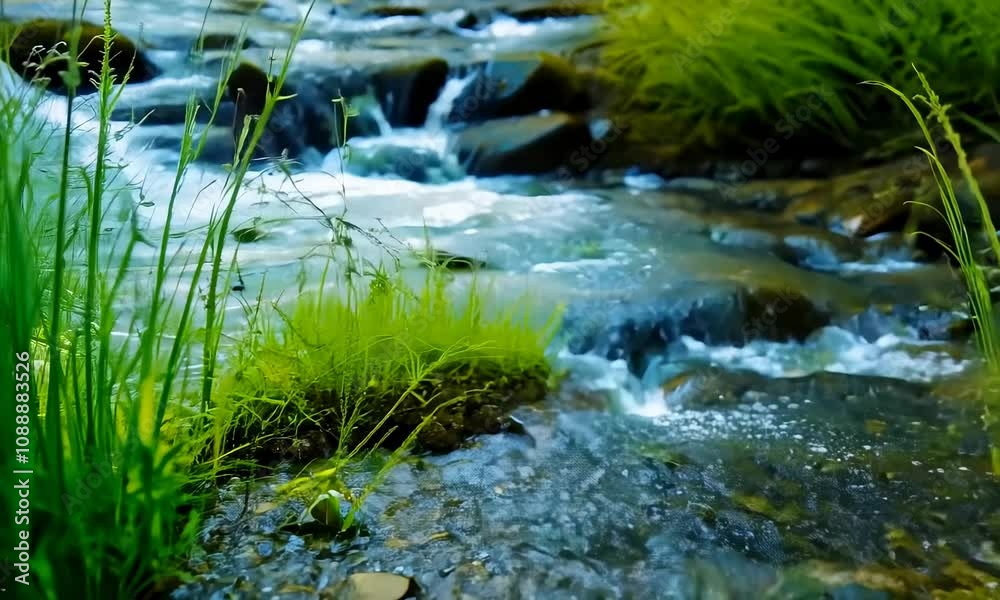 Beautiful spring detailed close up stream of fresh water with young green plants Beautiful spring detailed close up stream of fresh water with young green plants