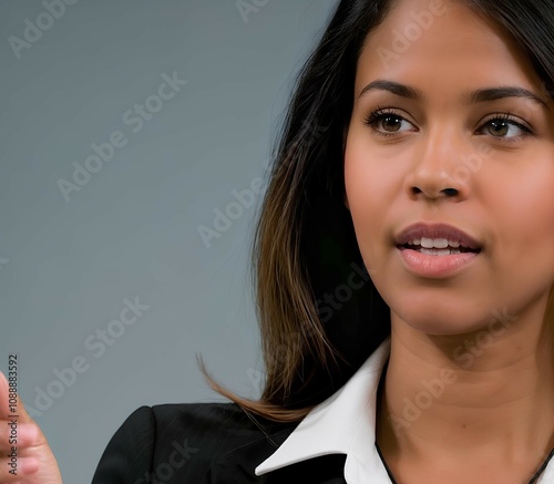 Close-up of a confident businesswoman speaking eloquently during a corporate presentation, showcasing professionalism and leadership photo