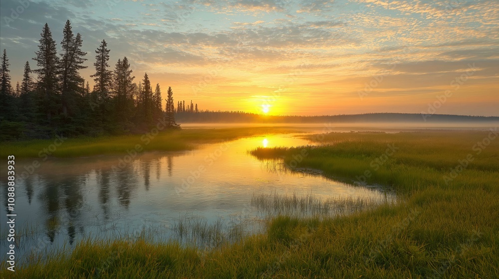 Golden sunset illuminating a grassy wetland with tranquil water and distant trees on the horizon Golden sunset illuminating a grassy wetland with tranquil water and distant trees on the horizon