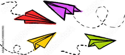 Flying Paper Plane Crayon Chalk Drawing Vector Set