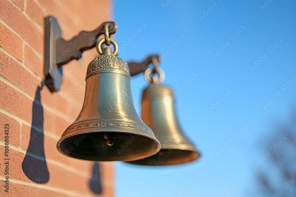Obraz premium Church Bells with Blue Sky in the Background – A Serene and Peaceful Scene Symbolising Faith, Tradition, and Tranquility