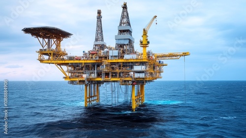 An offshore oil rig stands prominently in the ocean, showcasing industrial energy extraction. photo