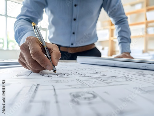 An architect meticulously drawing blueprints in a well-lit workspace. photo