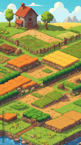 Farm and field, mobile game asset. Game environment set, hay day, stared valley style