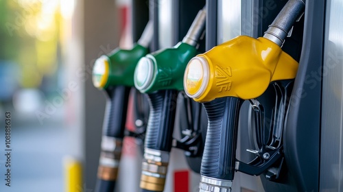 Fuel dispensers at a gas station, showcasing different nozzle colors for various fuel types.