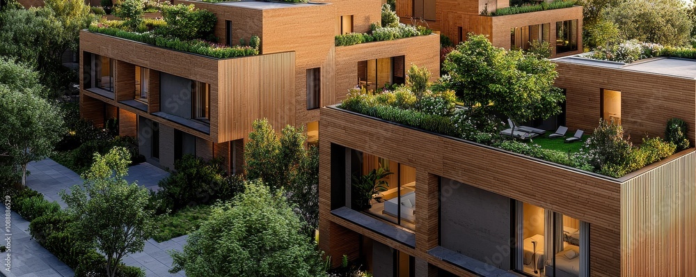 Fototapeta premium Innovative ecoresidential complex utilizing rainwater harvesting urban landscape eco-friendly architecture sustainable living concept
