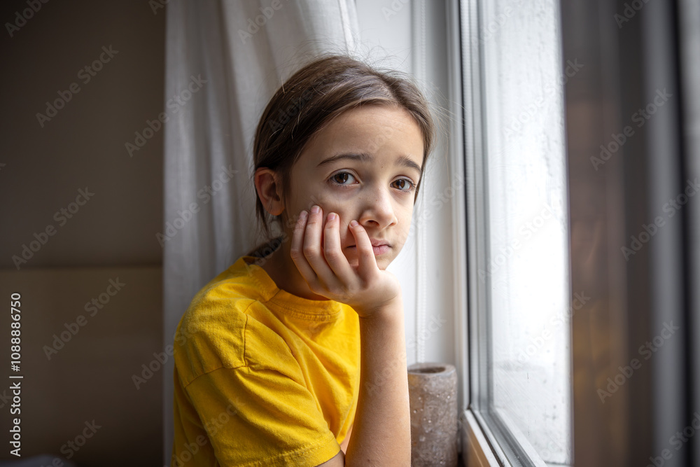A gloomy and sad girl looks out the window. Emotions concept. A gloomy and sad girl looks out the window. Emotions concept.
