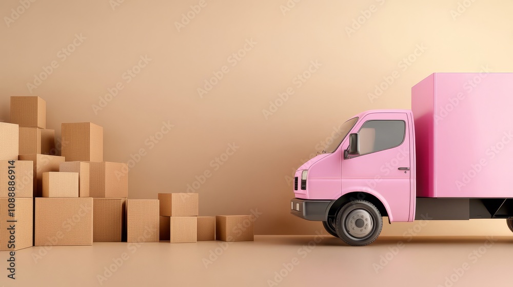 A pink truck with boxes parked on the right side, surrounded by cardboard boxes A pink truck with boxes parked on the right side, surrounded by cardboard boxes