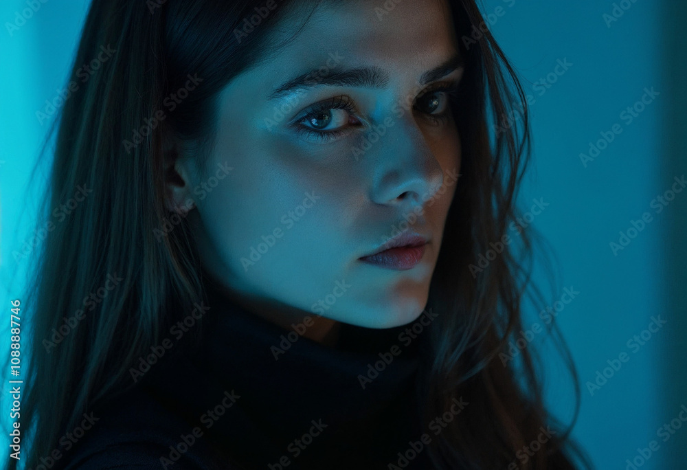 Brunette Woman Portrait with Dark Blue Tones Captured in Profile with Serious Shadows Brunette Woman Portrait with Dark Blue Tones Captured in Profile with Serious Shadows