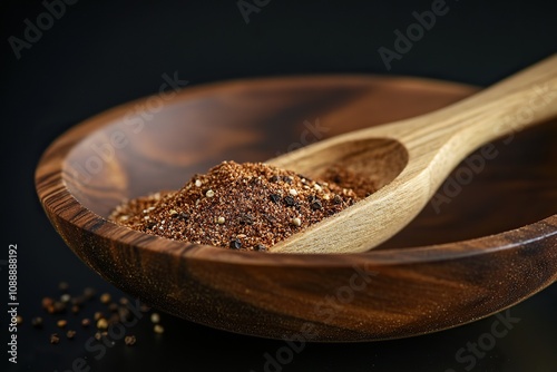 Pepper powder is poured out of the wooden spoon. Wooden dish with dried chili pepper and a spoon with ground pepper. Copy space. 