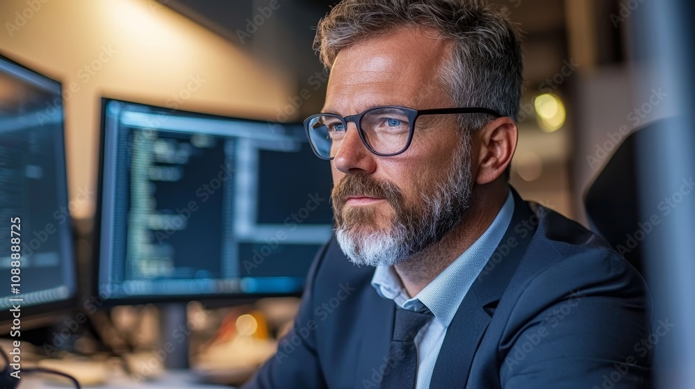 Professional man with glasses focused on coding and programming in a modern office environment, showcasing concentration and expertise in technology and software development. Professional man with glasses focused on coding and programming in a modern office environment, showcasing concentration and expertise in technology and software development.