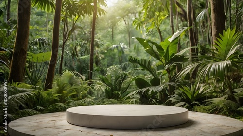 Serene empty round marble surface podium on lush green tropical rainforest, forest woodland product placement tabletop for advertising advertisement branding promotion commercial  photo