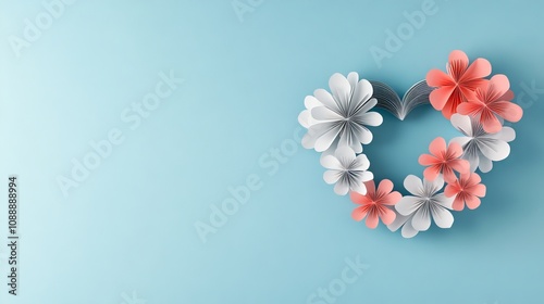 Heart-shaped floral wreath on pastel blue background