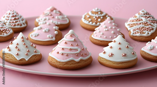 Elegant Arrangement of Charming Christmas Cookies on a Soft Pink Surface in Flat Lay Photography