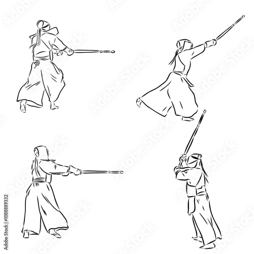 black and white sketch kendo samurai vector