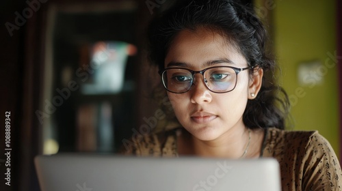 Young woman with glasses focused on laptop screen, engaged in online learning or remote work in a cozy indoor environment, representing concentration and productivity