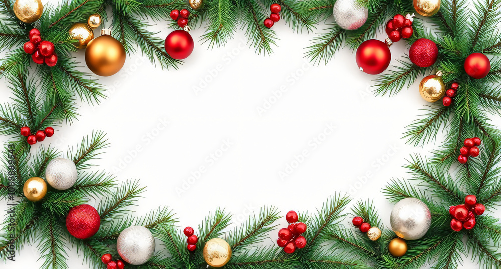 Christmas decorations with tree branches and baubles frame isolated on white background Christmas decorations with tree branches and baubles frame isolated on white background