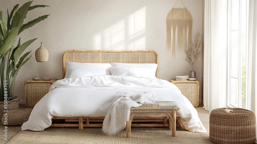 Fototapeta premium Luxurious Bedroom and Bathroom Interiors with Stylish Decor Elements, Modern Cityscape Views, and Elegant Design Accents