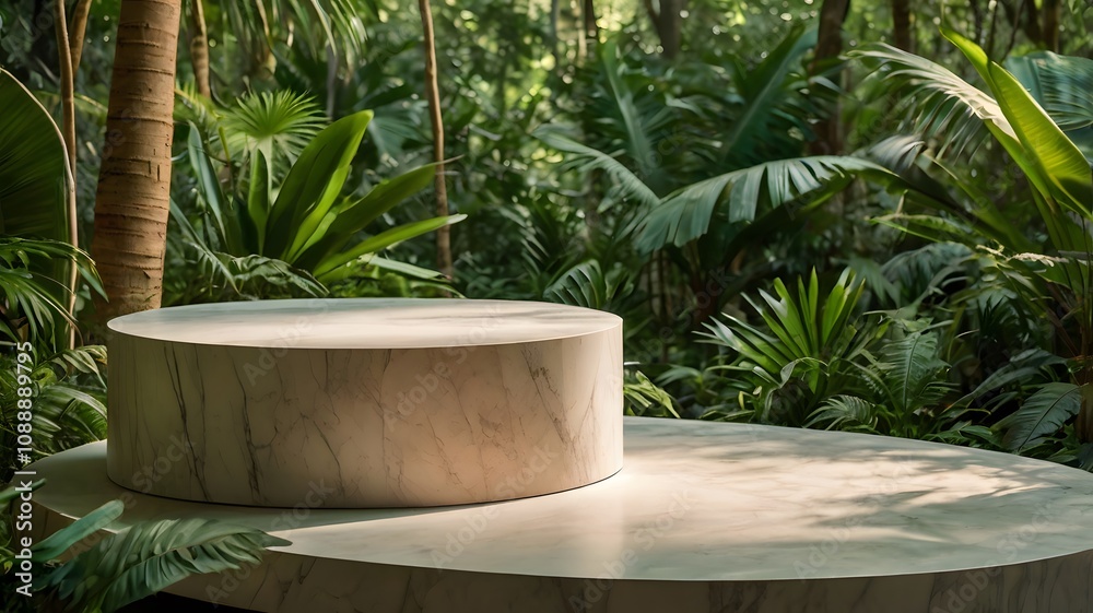 Serene empty round marble surface podium on lush green tropical rainforest, forest woodland product placement tabletop for advertising advertisement branding promotion commercial Serene empty round marble surface podium on lush green tropical rainforest, forest woodland product placement tabletop for advertising advertisement branding promotion commercial