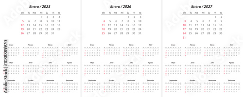 Calendar 2025, calendar 2026, calendar 2027 on spanish language week start Sunday