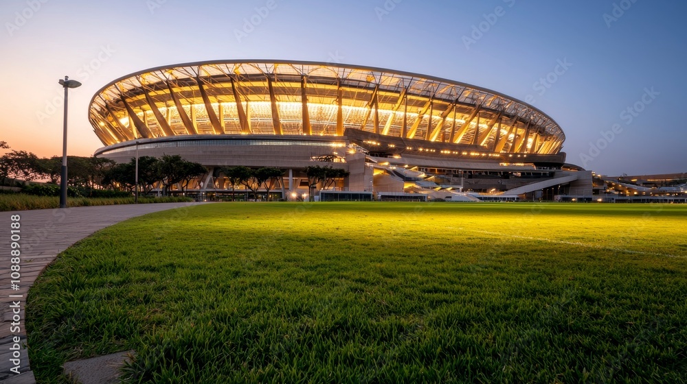 Obraz premium Stunning View of a Modern Stadium Illuminated at Dusk Surrounded by Lush Green Grass and a Pathway, Capturing Architectural Beauty in Sports Venue Design