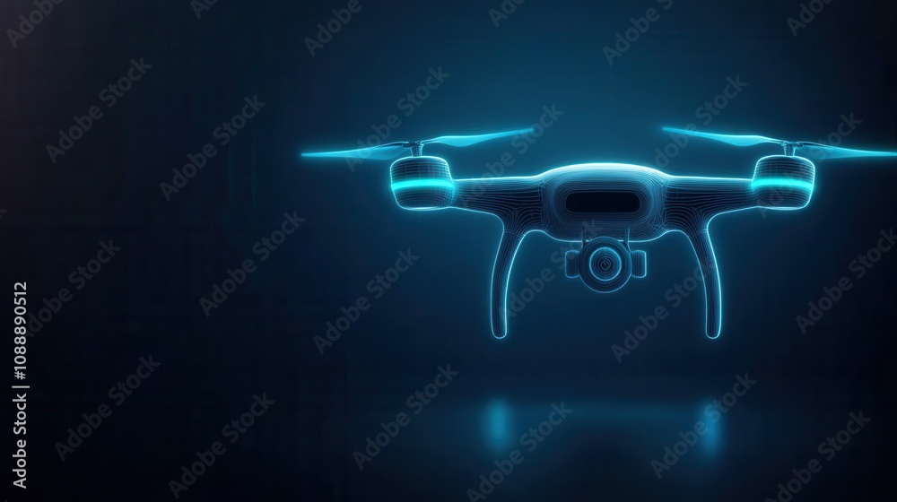 Futuristic neon drone hovering in dark space Futuristic neon drone hovering in dark space