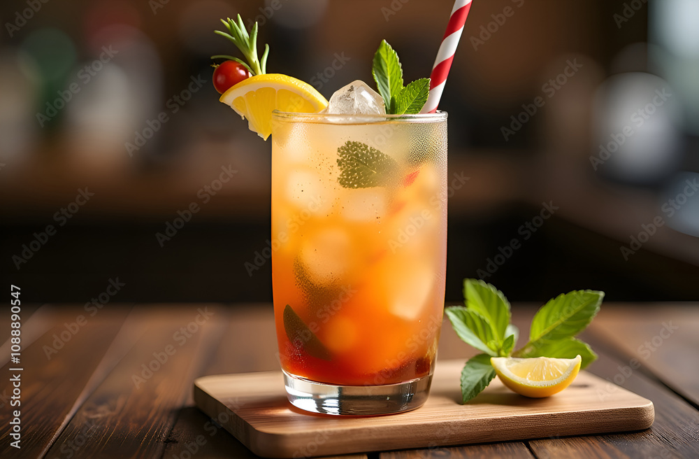 Yummy Beverage in Glass Cup with Straw. Selective focus, blurred background. Vibrant, refreshing drink perfect for summer menu. Yummy Beverage in Glass Cup with Straw. Selective focus, blurred background. Vibrant, refreshing drink perfect for summer menu.