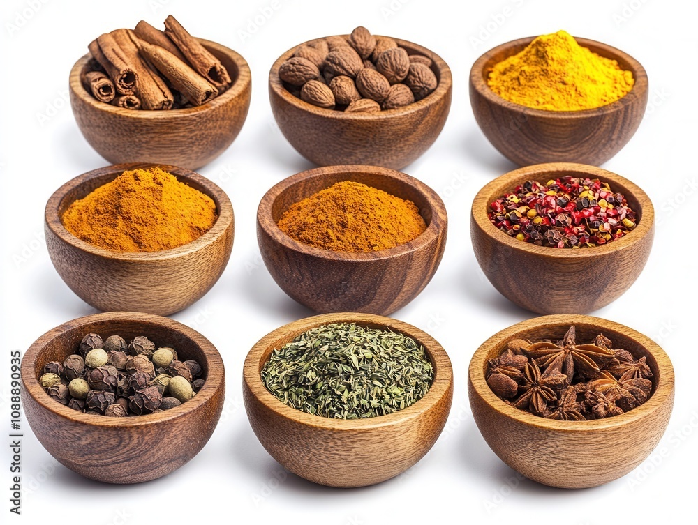 Nine Wooden Bowls of Aromatic Spices and Herbs Cinnamon Sticks, Nutmeg, Turmeric, Peppercorns, Oregano, Star Anise, and More - High-Resolution Stock Photo