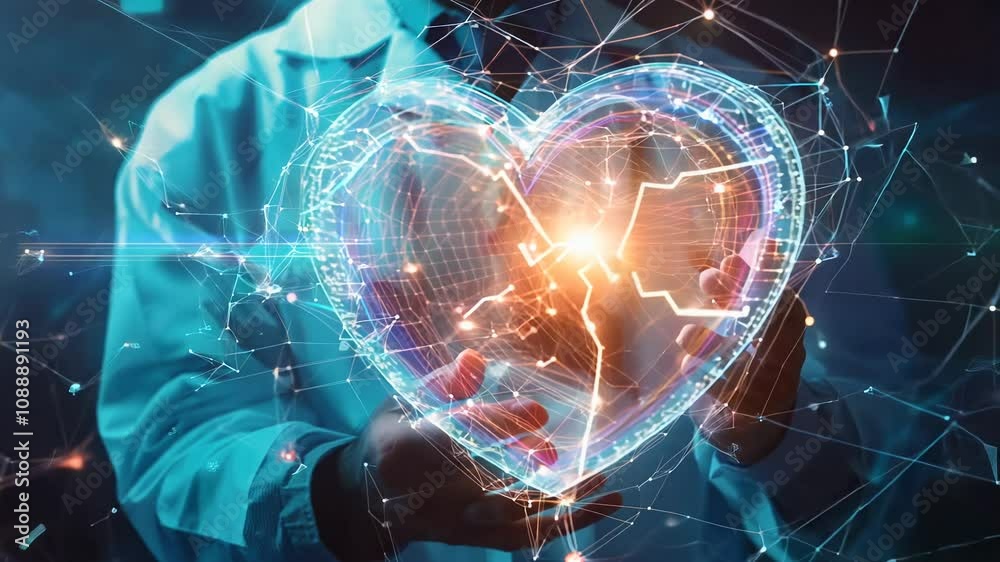 A healthcare professional showcases advanced technology that visualizes heart health through glowing patterns. The dynamic display pulsates with energy, symbolizing life and innovation.