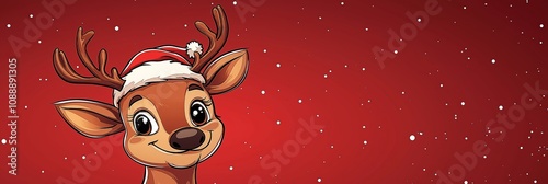 Cheerful cartoon reindeer wearing Santa hat against red background, copy space