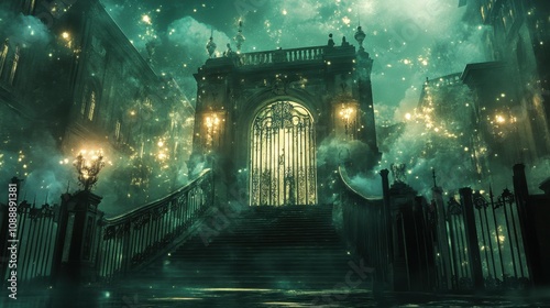 Glorious staircase of shimmering light reaching up to a majestic gate in the ethereal clouds of heaven.