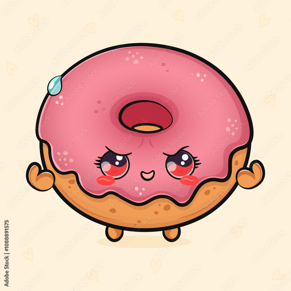 Obraz premium Cute funny pink Donut strong. Vector hand drawn cartoon kawaii character illustration icon. Isolated on light background. Pink Donut shows muscles character concept