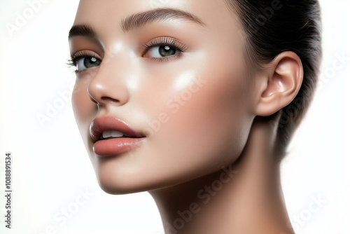 Close-up portrait of a beautiful woman showcasing healthy skin and natural beauty, ideal for wellness and beauty themes.