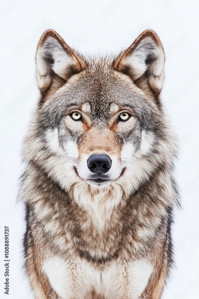 Majestic Gray Wolf Portrait Intense Gaze, Striking Fur, Winter Wildlife Photography