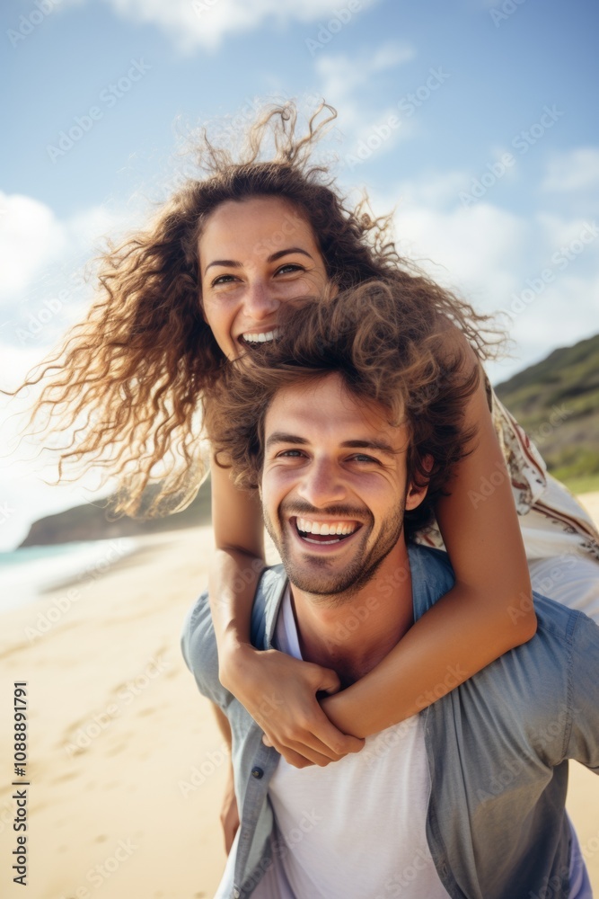 Happy man giving piggyback ride to woman at beach. Young people full of joy on vacation. Generative AI. Happy man giving piggyback ride to woman at beach. Young people full of joy on vacation. Generative AI.